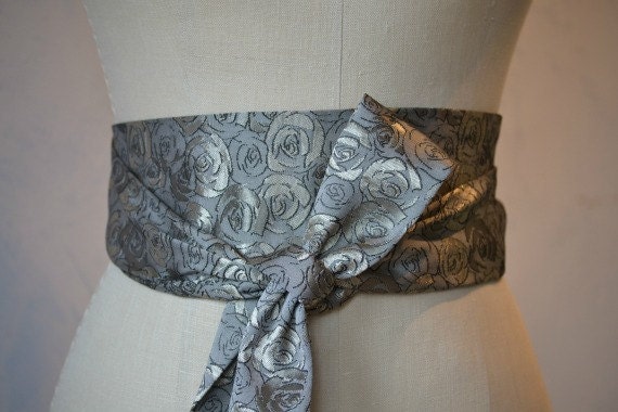 Grey taupe obi sash belt waist cincher rose brocade engagement satin