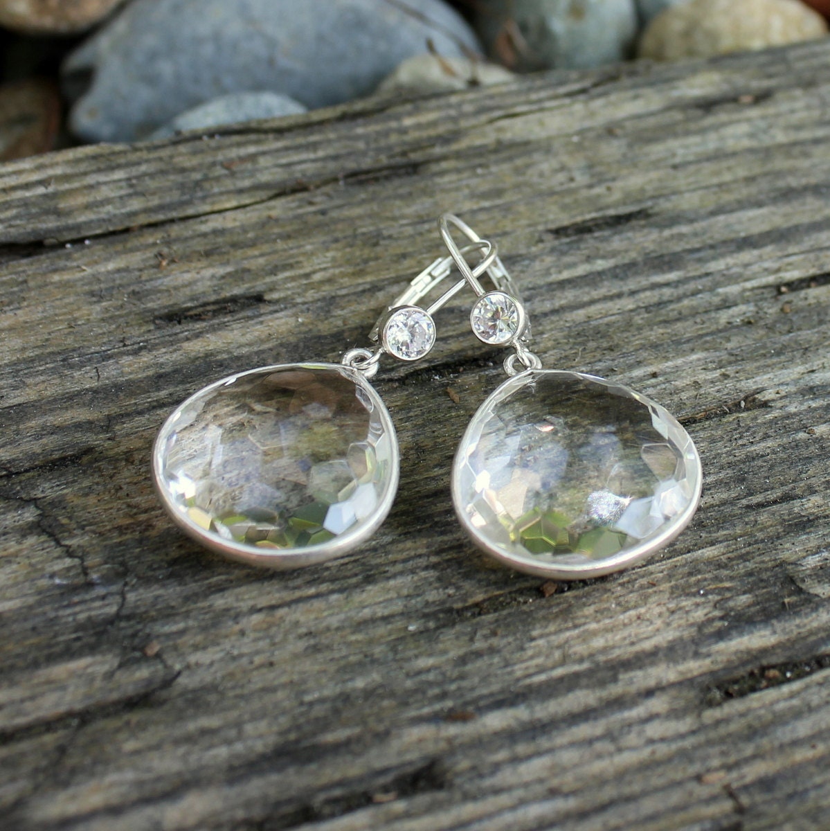 Rock Crystal Earrings - 925 Sterling Silver with CZ and bezel set stone
