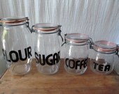 Vintage Typography Glass Jars Canisters - Full Set