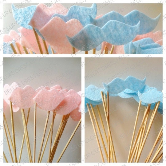 REUSABLE 12 Baby Gender Reveal Party Mustaches and Lips on a Stick Party Photo Props