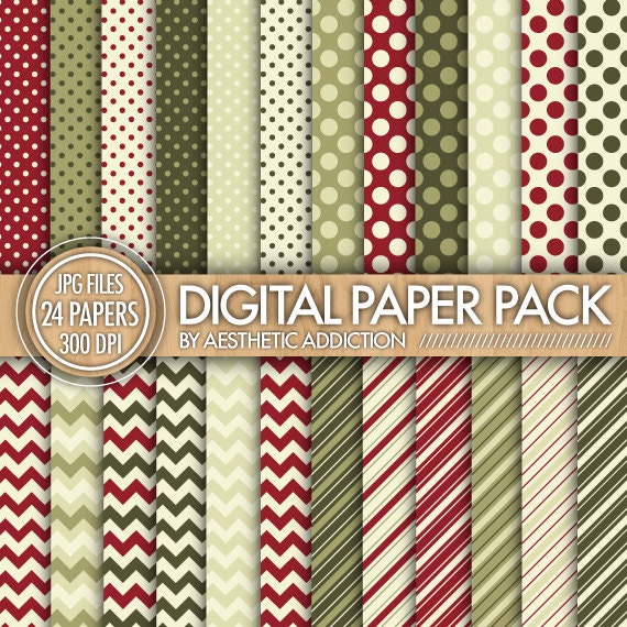 Christmas Super Pack 24 Pack Digital Paper // Dots Stripes Chevron // Red Green Beige // JPG Format // 24154