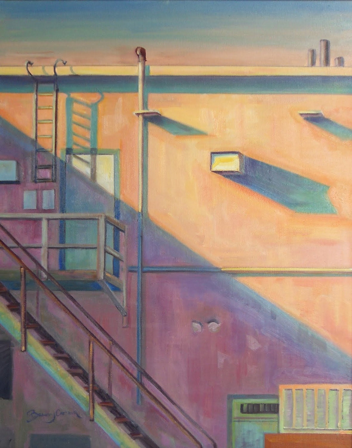 Fine Art, oil painting ACEO PRINT. Shadow Box at dusk, purple and pink. 2.5x3.5 inches. contemporary urban art by Brandy Cattoor