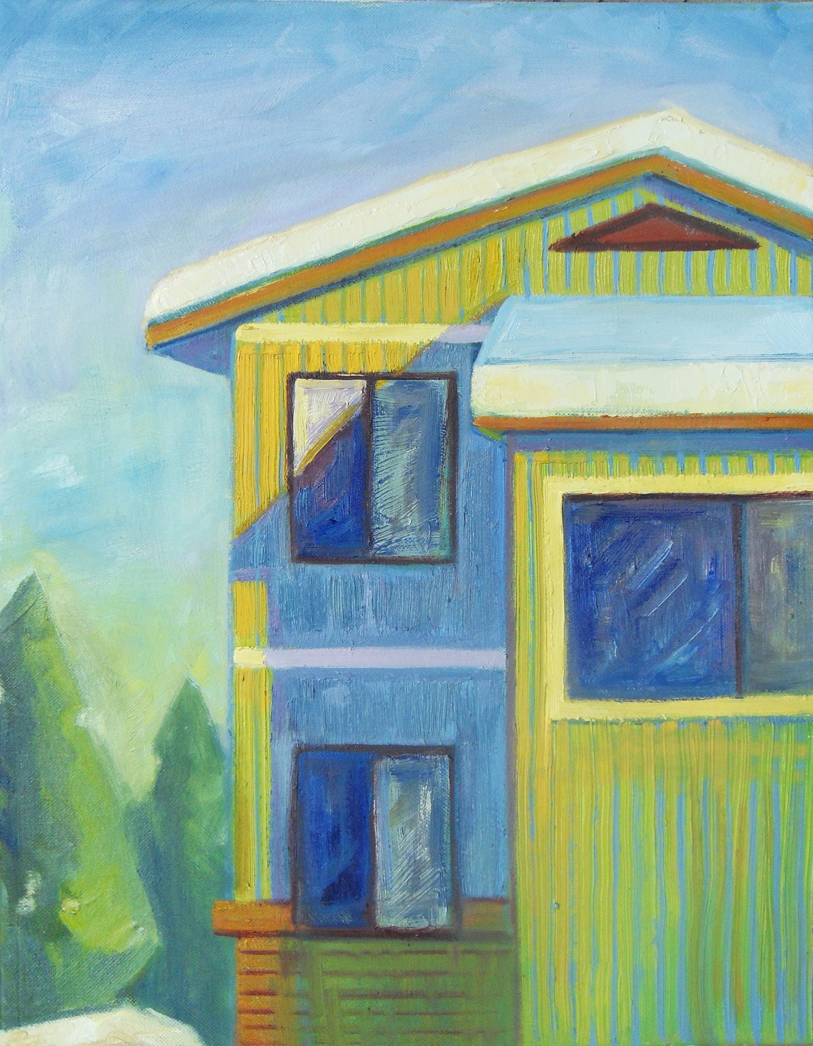 Contemporary Art by Brandy Cattoor. ACEO print of winter green house in Craig, Co. Blue windows, christmas tree