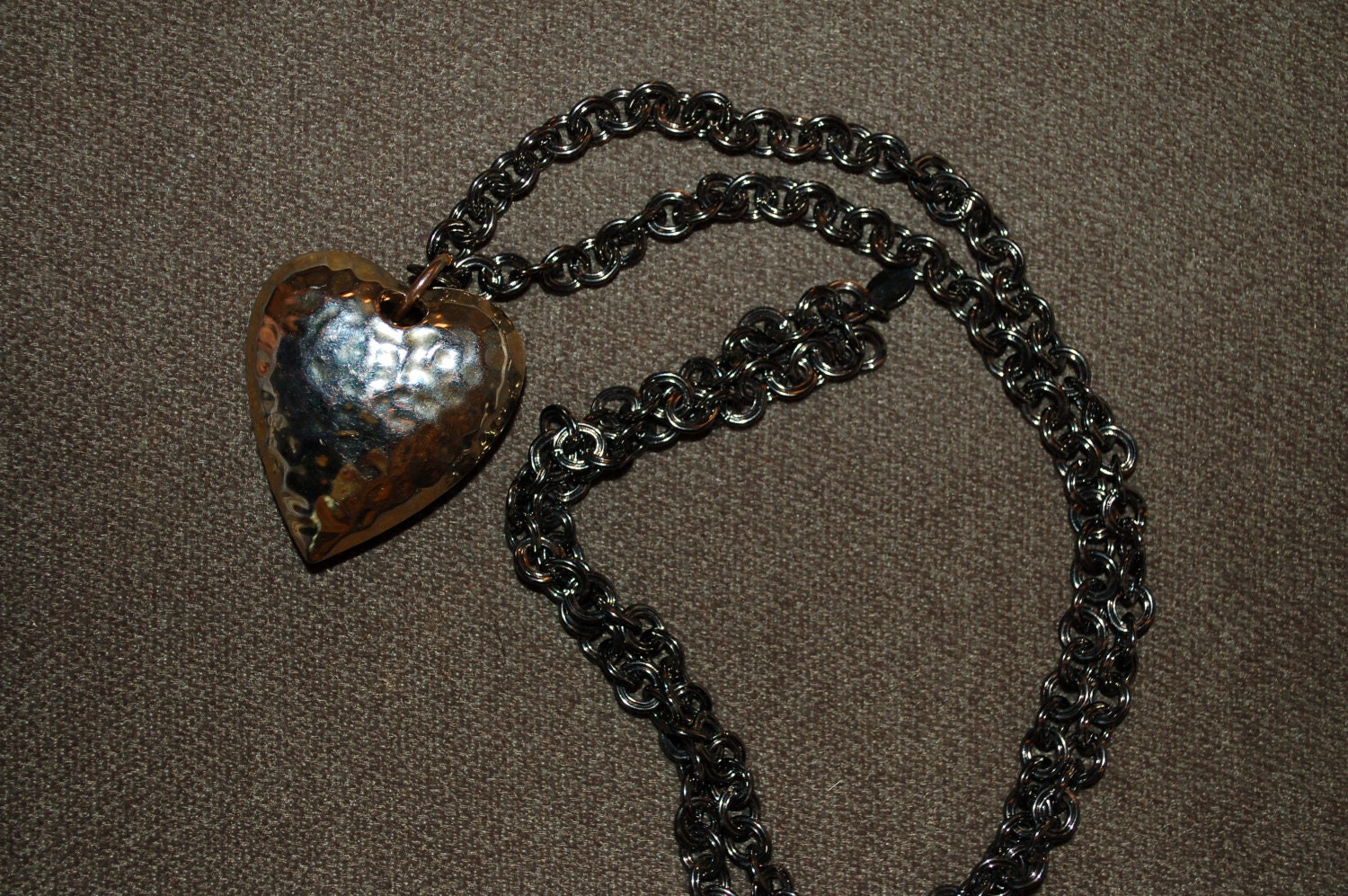 Hammered Puffed Heart Necklace With Fashion Chain Vintage Jewelry