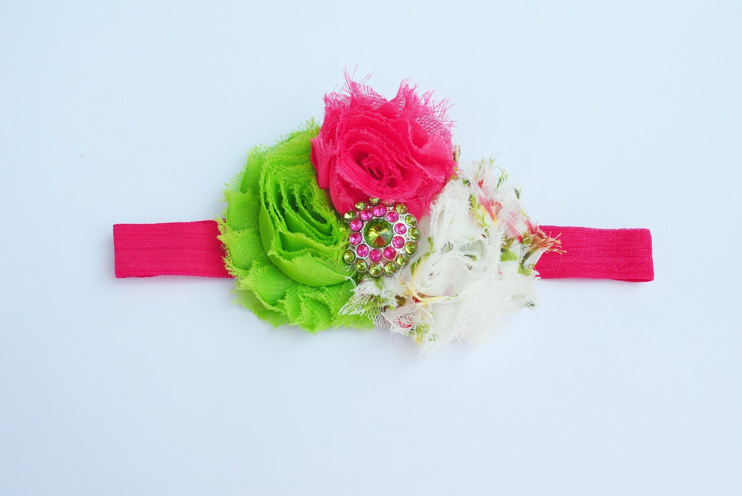 Shabby Chic Flower Baby Headband Pink Lime Green Floral Photo Prop