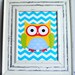 Blue Chevron Stripe Owl Nursery Children Art Print 8X10