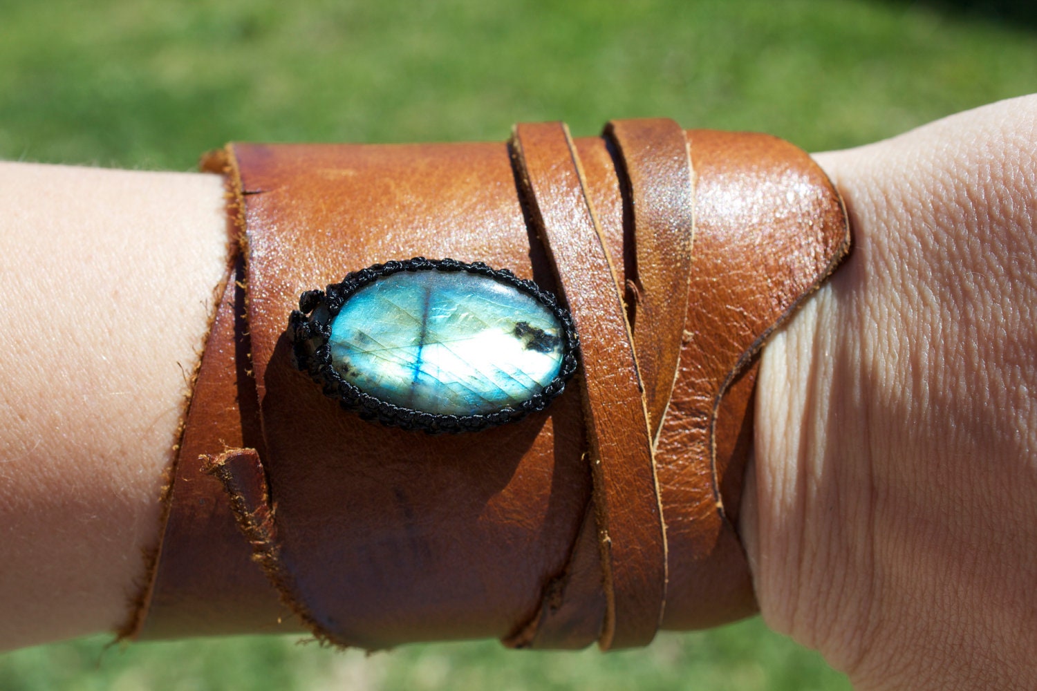 Leather Cuff Wrap Bracelet and Macrame Labradorite Semi Precious Stone Bracelet - Hippie Style (Stone for creativity and dreamers)