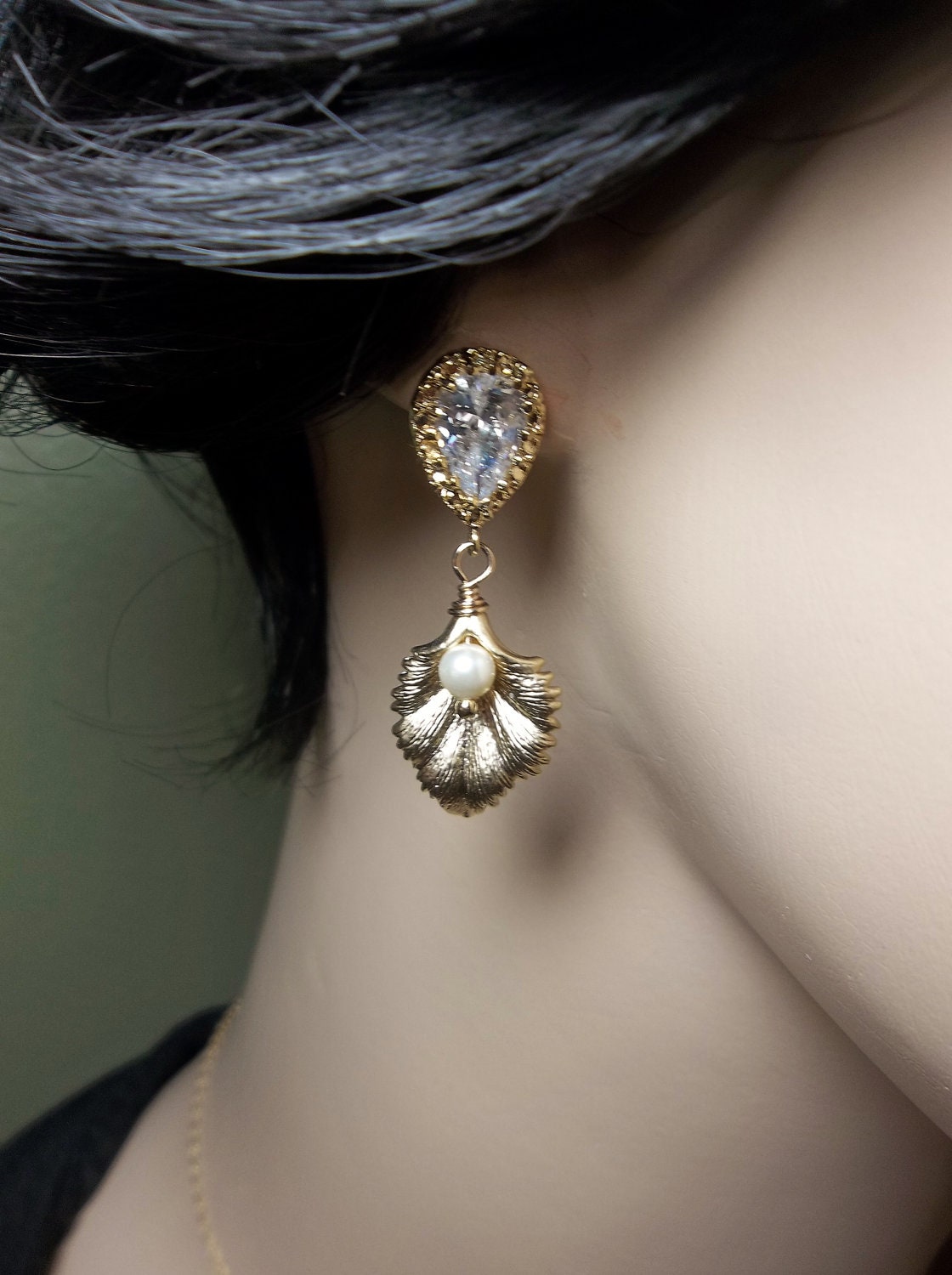Pearl earrings - Feathers - Sparkling Gold over Sterling Cubic Zirconia posts - Bridal jewelry - bridesmaids- Elegant -
