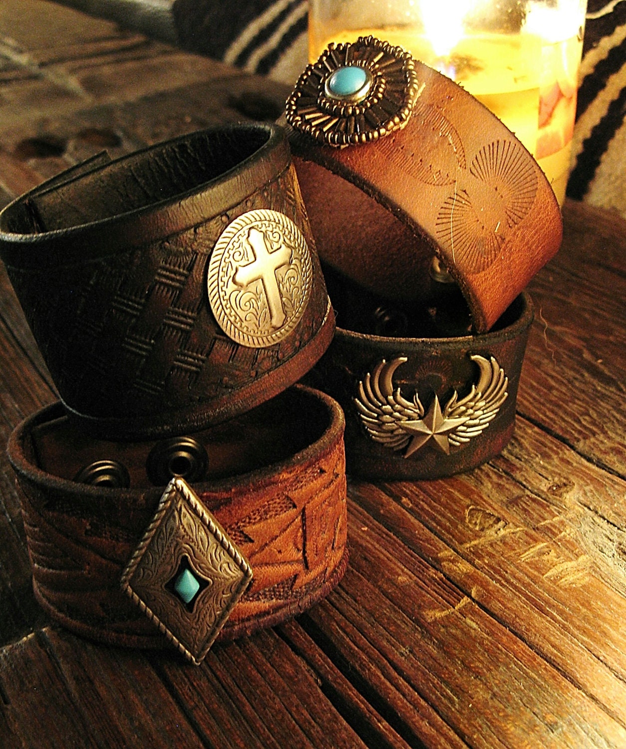 Custom Made to order Snap cuff wrist bracelets from 60's and 70's vintage belts and tooled leather belts