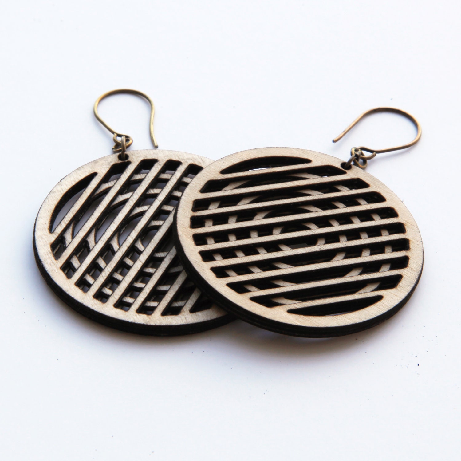 Medium Lines and Circles Lightweight Earrings - Geometric Patterns with Handcrafted Wood (0023)