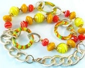 Yellow, Orange, Red Glass lampwork bead necklace, 25 inches, with gold color chain, bright cheerful happy colors