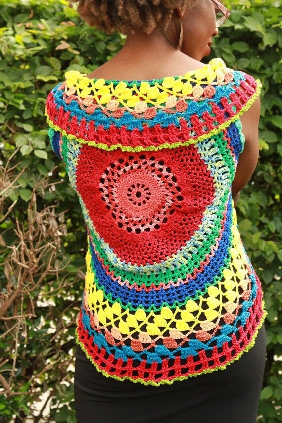 Handmade Crochet top, colourful summer tones, mercerized cotton yarn, S to M