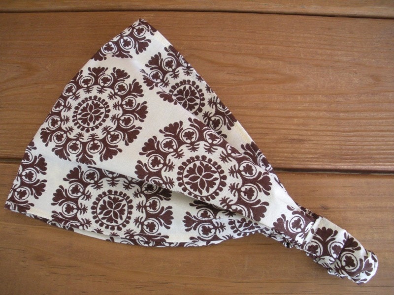 Fabric Headband Headwrap Spring Summer Fashion Accessories in Beige with Brown Medallion print / Ready to ship