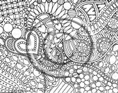 Instant Download Coloring Page Hand Drawn Zentangle Inspired Psychedelic "Bubbles" Abstract Zendoodle Doodle Hippie By Kat