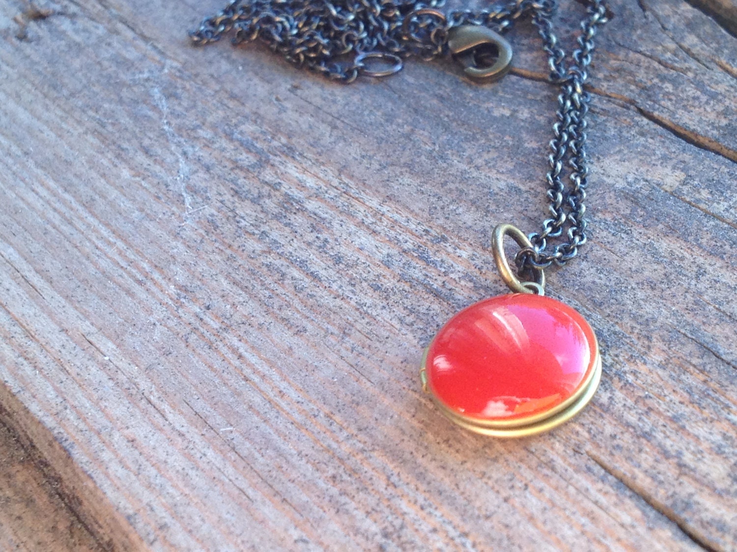 Dainty Locket Necklace, vintage charm with added Red enamel resin Golden with long dark Oxidized chain, by Wild & Arrow