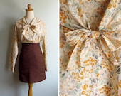 Vintage 70's Cape Bow Collar Peach Florals Blouse S M or L
