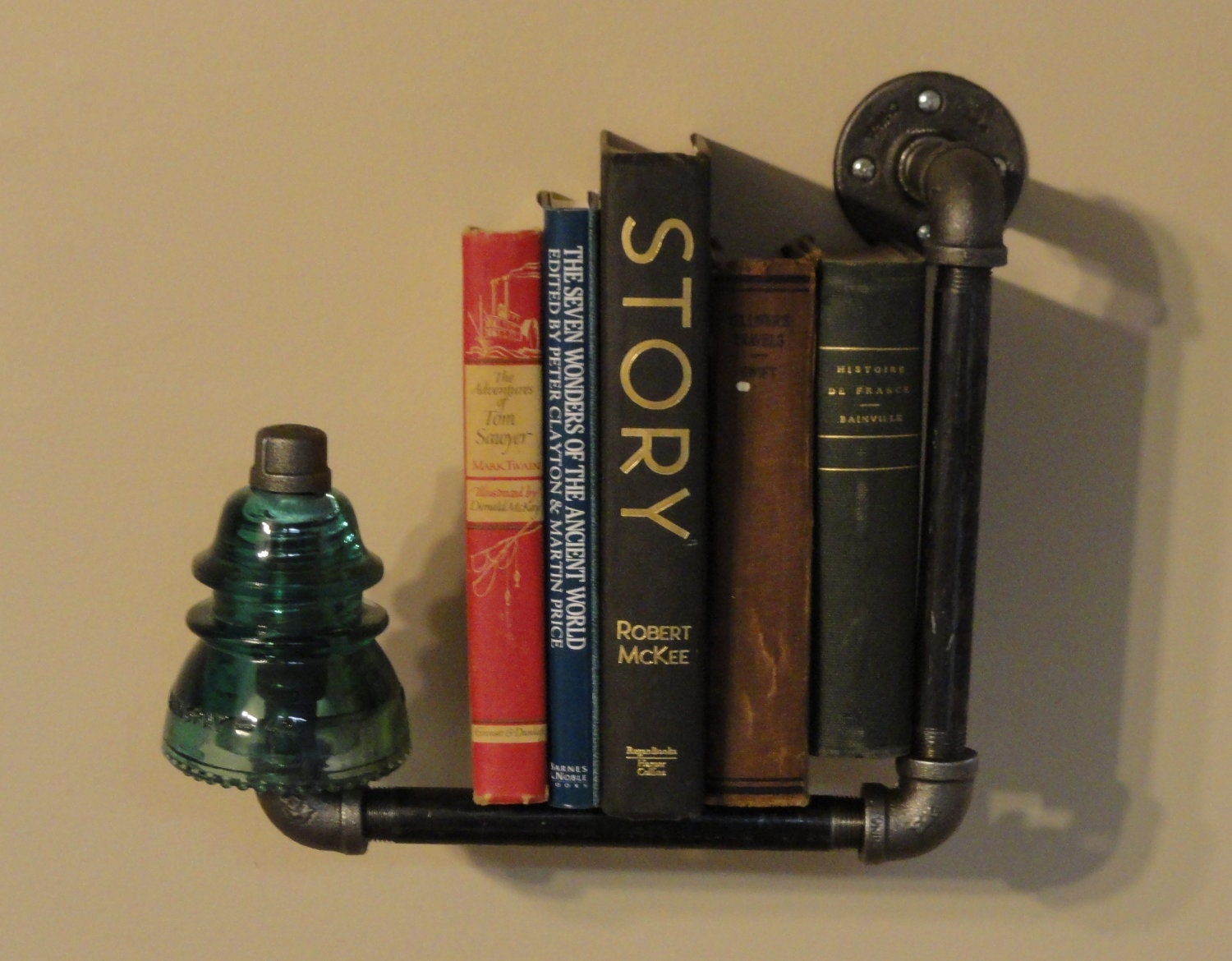 Industrial shelving Pipe Bookshelf, Blue Glass Insulator, Great For a Urban Apartment where space is limited