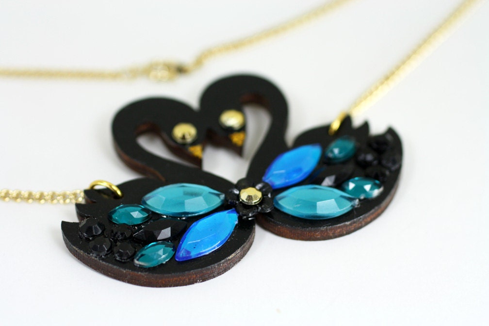 Black Swan Necklace Pendant with Blue Rhinestones