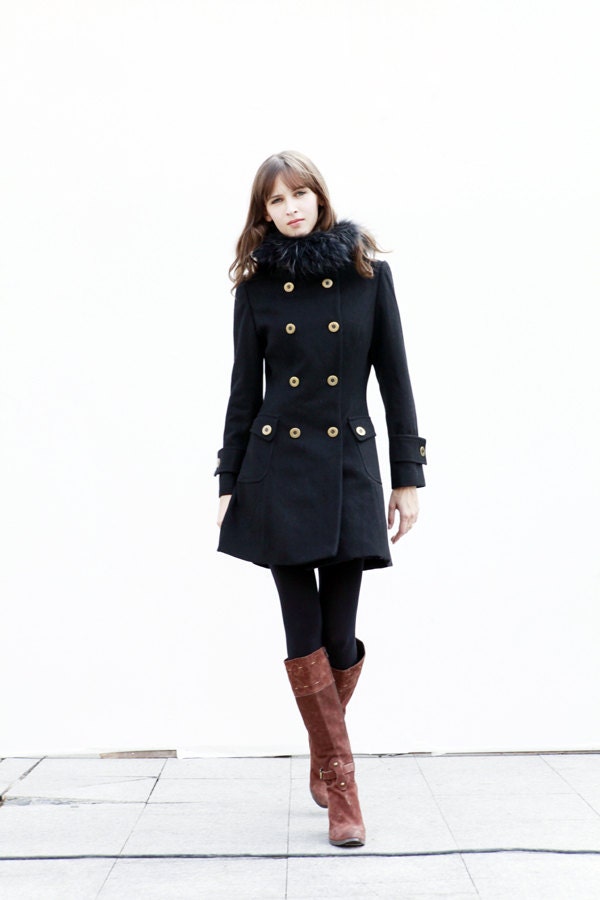 Fur Trimming Hoodie Jacket Black Jacket Cashmere Hooded Coat Double breasted Hoodie Wool Coat Winter Jacket - Custom Made - NC426