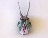 PALE PINK & GREEN geometric aztec navajo design painted deer skull and asymmetric antlers with metallic arrow purple and silver details