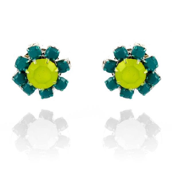 Tiny Neon Yellow & Turquoise Crystal Stud Earrings in Silver