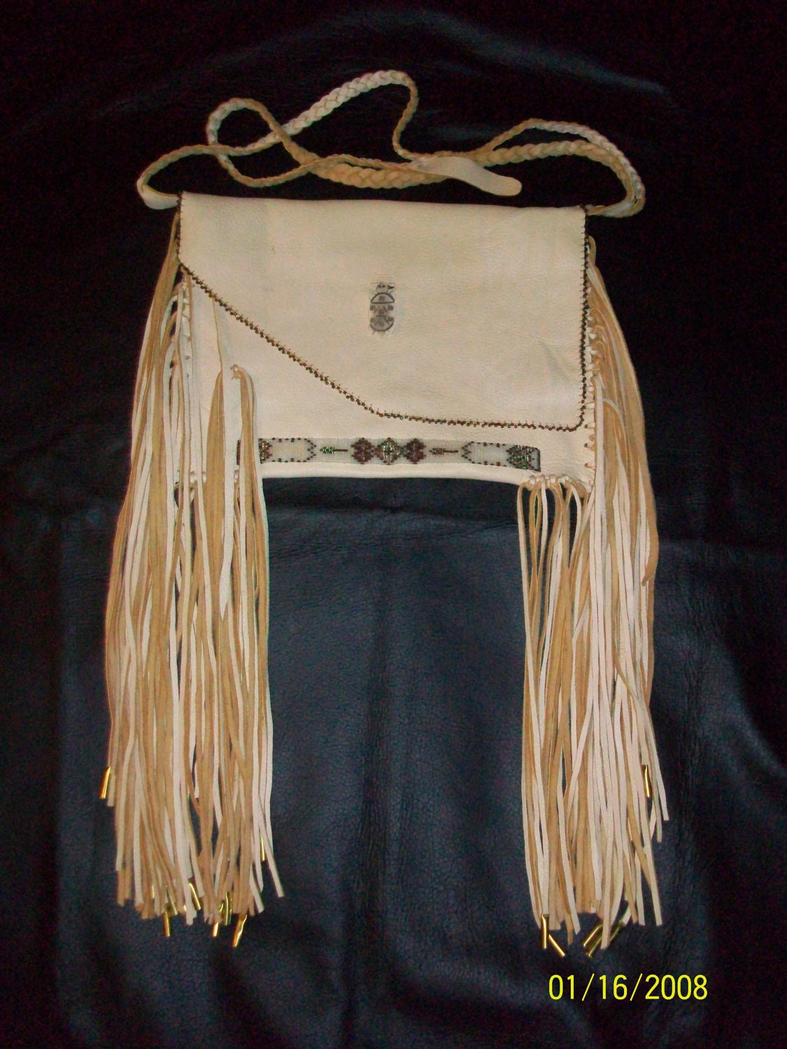 OOAK Handmade Fringed Cream Color Leather Purse With Bead Work - Native American