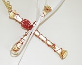 Cross Christmas Ornament Wall Hanging Home Decor Gold Horseshoe Nail Cross Red Wire Wrapped White Ribbon Handmade Montana USA Free Shipping