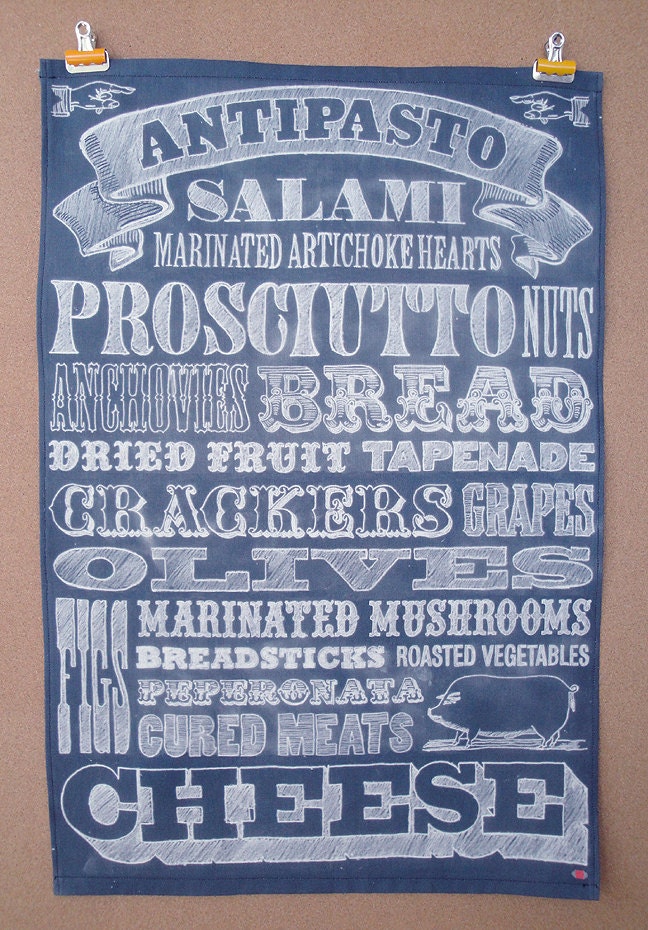 TEA TOWEL, Chalk Lettering, Hand Drawn, Wood Type, Chalkboard, Food