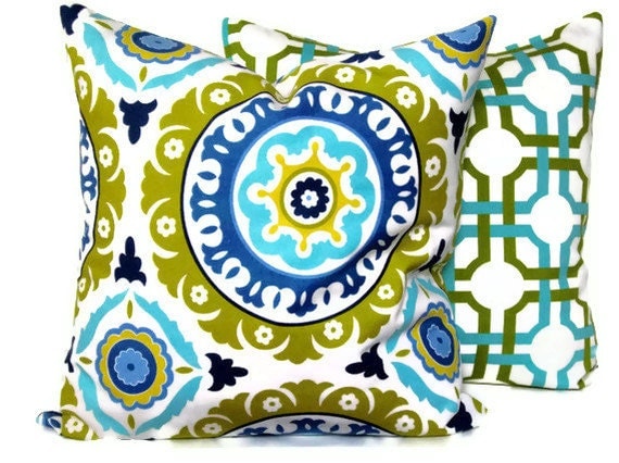 Decorative pillow cover - Accent Pillow - Throw Pillow - Waverly Pattern - Azure Blue, Gold-Chartreuse - MissEvaDivaDesigns