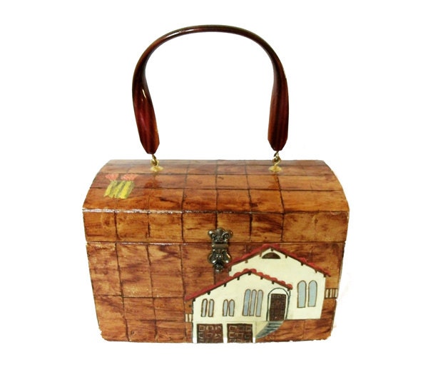 Decoupage Wooden Box Purse Lucite Tortoise Shell Handle - InTimePast