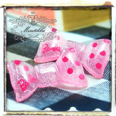 1 PC X 35mm Glitter Pink Barbie Ribbon / Bow Cabochon Resin Flat Back -Decoden Miniautre  Craft Supplies / Scrapbooking Material (BW13P)