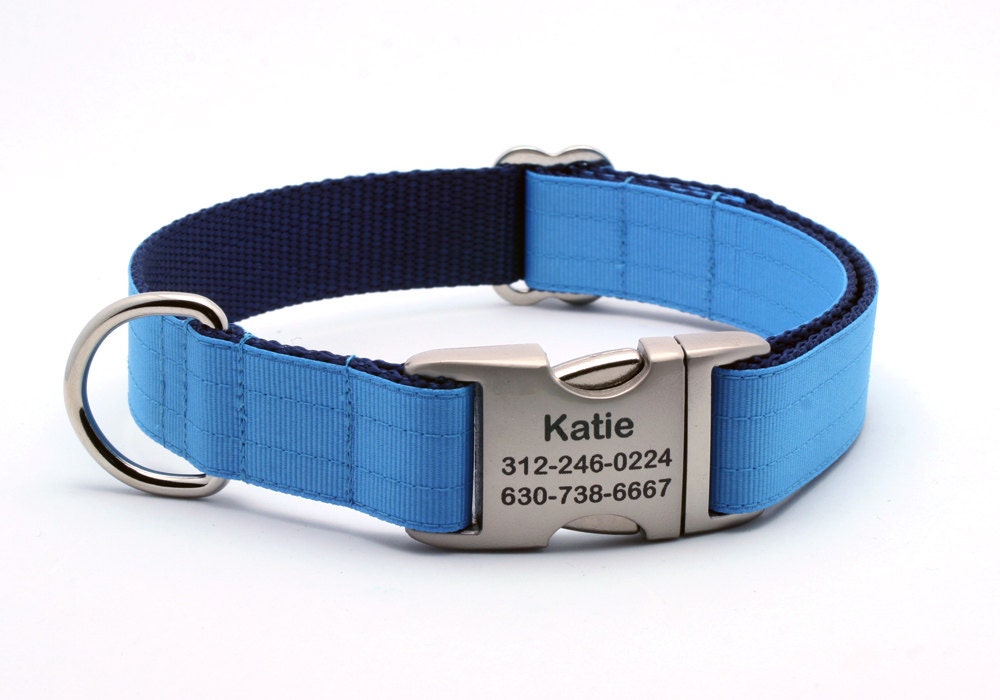 Columbia Blue Ribbon & Webbing Dog Collar with Laser Engraved Personalized Buckle