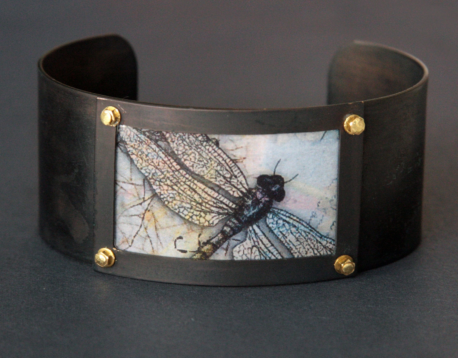 Dragonfly Cuff Bracelet - Lavender Pink Tan Pastel Gossamer Wings Insect Resin Jewelry