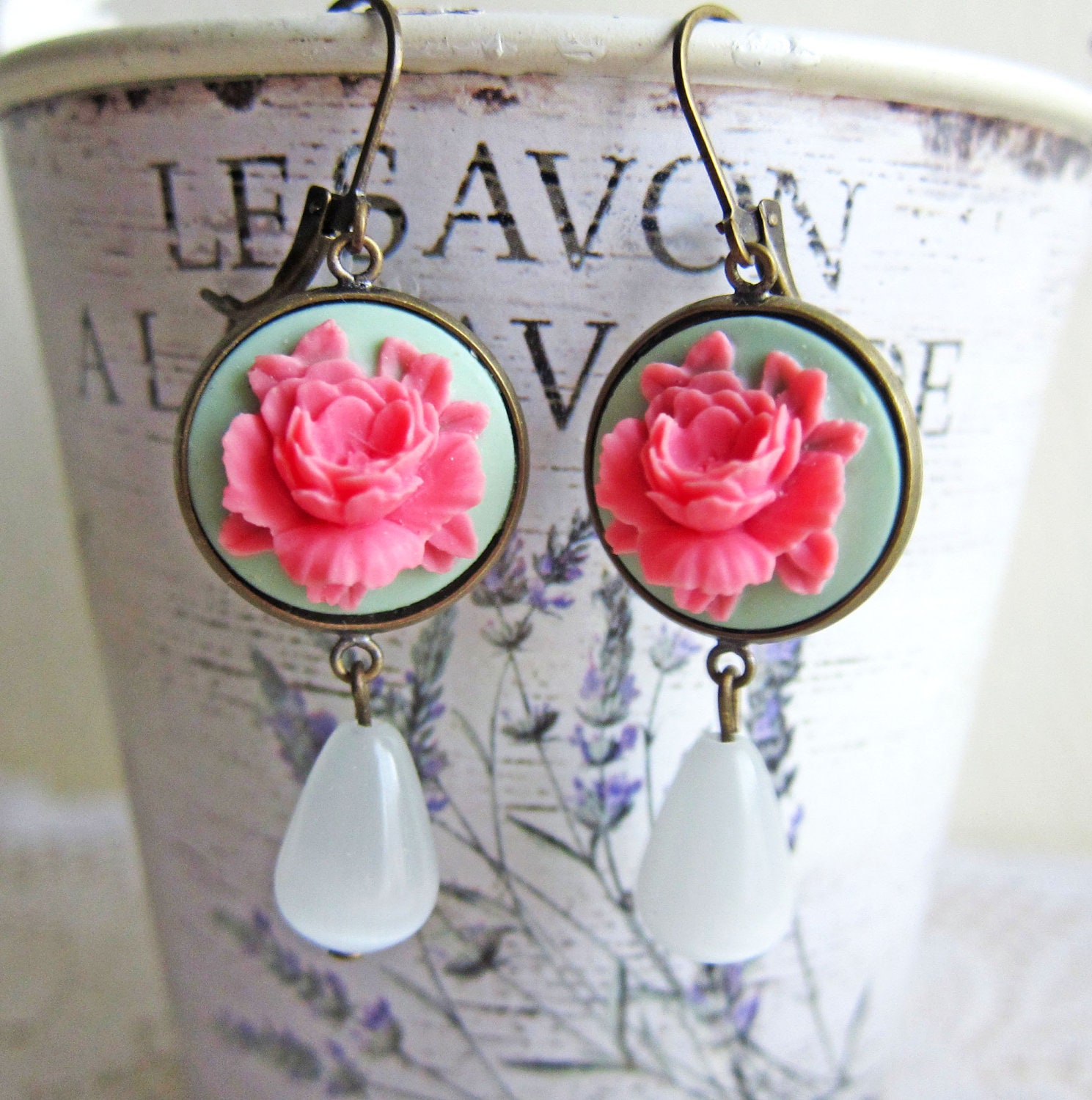 Pink Flower Earrings Mint Green Pink Dangle Earrings Floral Earrings Spring Colors Summer Romantic White Moon Stone Drop