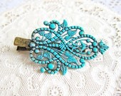 Aqua Hair Clip Antique Brass Lace Filigree Hair Clip Mint Green Blue Patina Ornate Hair Clip Marie Antoinette Blue Exotic Bohemian