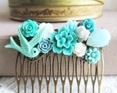 Turquoise Wedding Hair Comb Bridal Head Piece Bridesmaids Gift Aqua Floral Flowers Comb Something Blue Vintage Style Shabby Chic