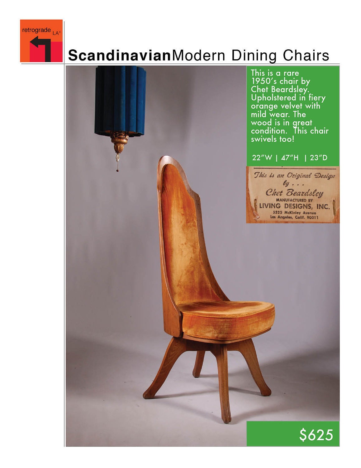 Chet Beardsley Mid Century Swivel Chair in Orange Velvet