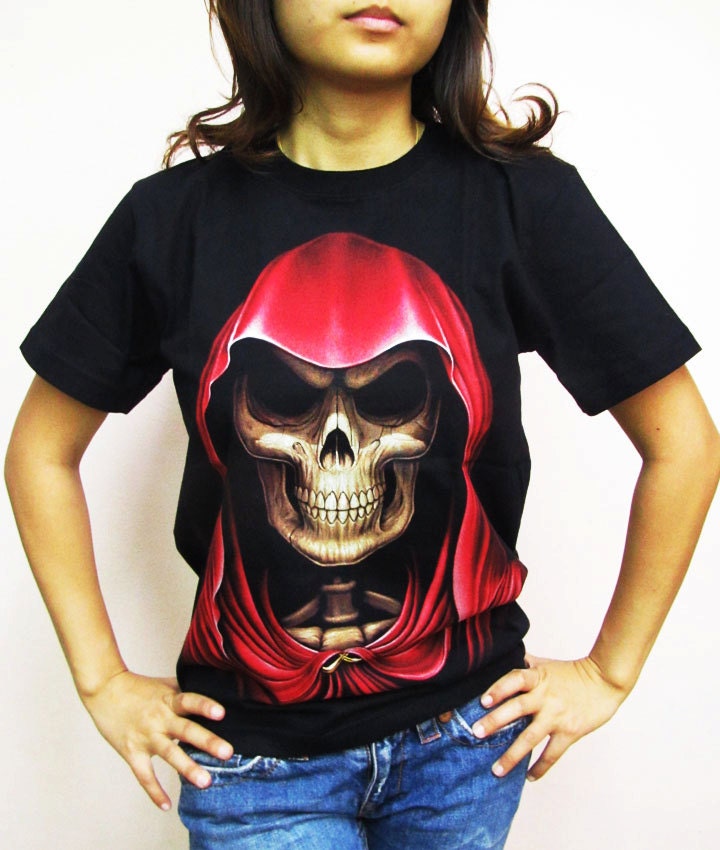 Ghost Red Hood Skull Skeleton Devil T-Shirt Women short sleeve silk screen shirt Rock Punk Ghost Graphics Black R23 Size S