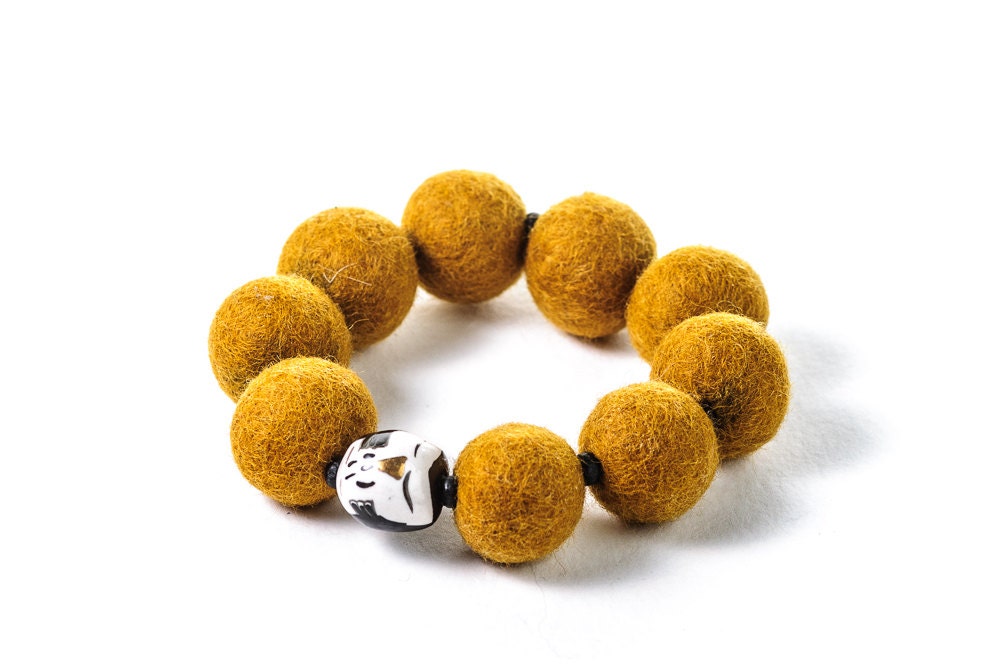 Felt Bracelet Owl Bracelet Mustard Yellow Honey Chunky Beadwork Bracelet Autumn Fashion Jewelry