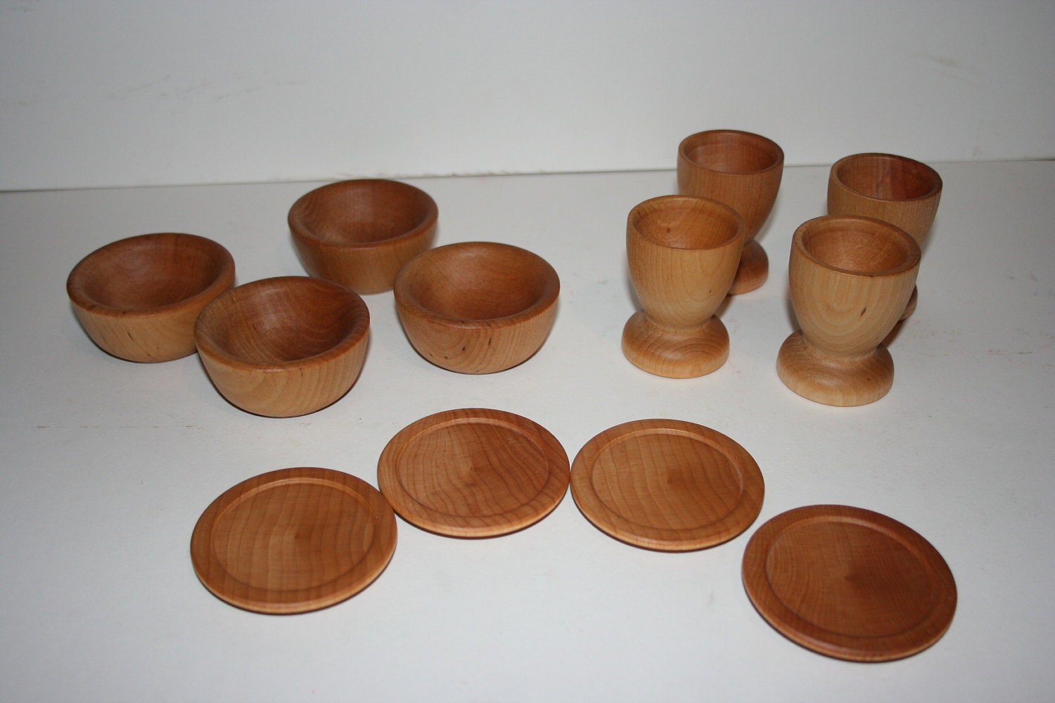 Larger set for Pretend Kitchen Necessities Items for Kitchen pantry Plates Cups Bowls Natural Wood toy