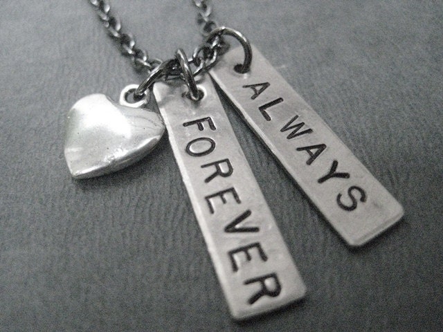 Love FOREVER and ALWAYS - Hand Stamped Hand Hammered Nickel Pendants with Pewter Puffed Heart on 18 inch gunmetal chain