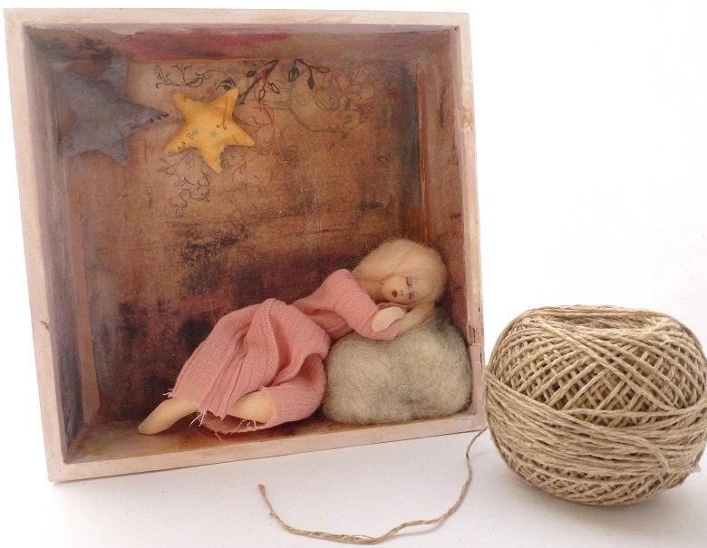 Shadow box art doll soft sculpture night star fairytale Dream mixed media