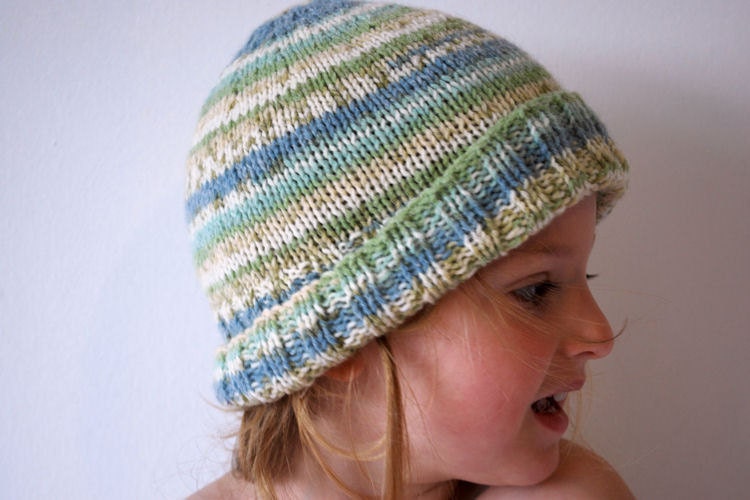 Blue green knitted childrens hat soft warm toddler winter accessories woolly beanie natural neutral sea colours unisex boys girls clothing