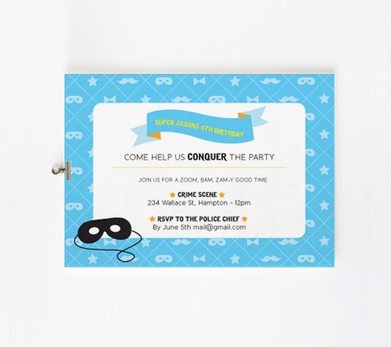 SUPER HERO Birthday Bandit Party Invitation - customized digital printable