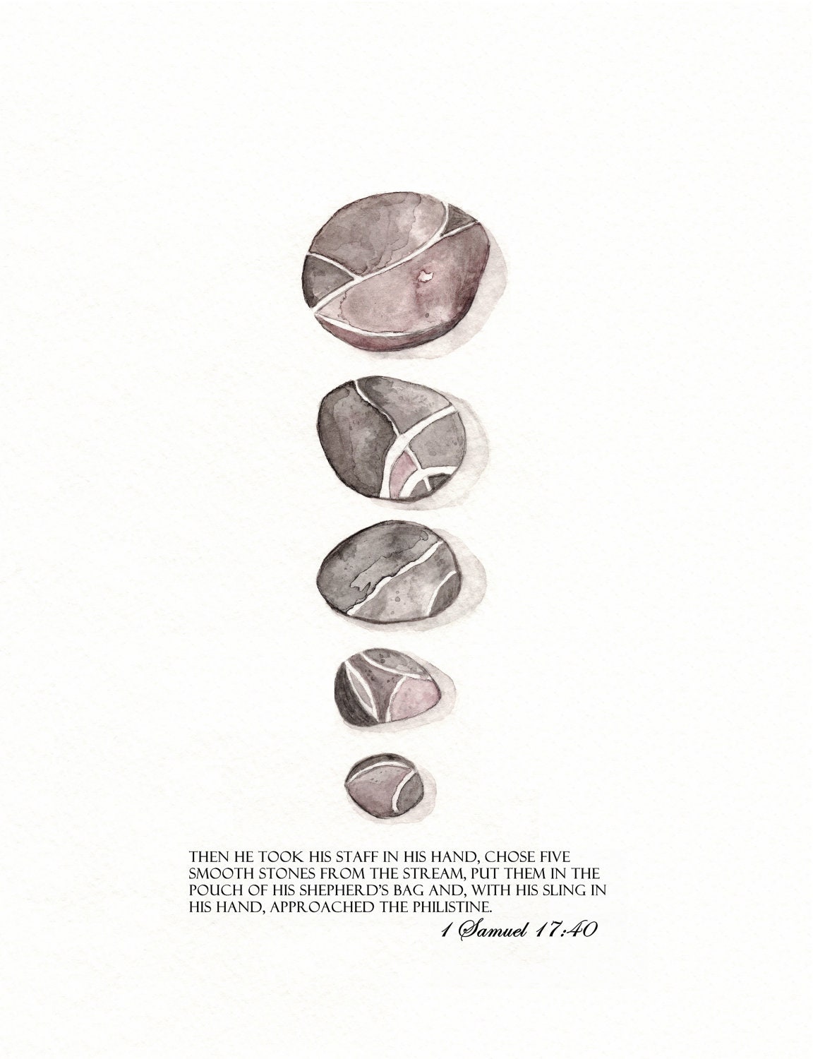 David's 5 Smooth Stones / Watercolor Print/Grey, Red, Pink, Mauve/ Archival Print