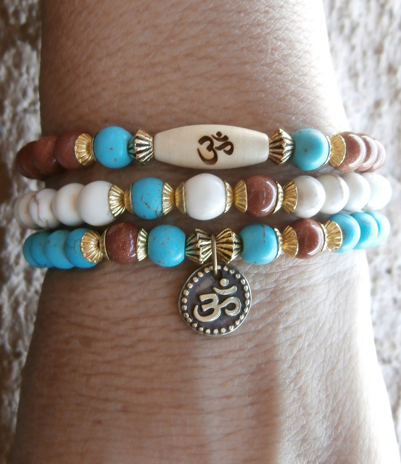 Knowledge & Confidence set of 3 Yoga bracelets, Om and engraved Om wood bead, Howlite, Goldsone. Meditation, Reiki Charged, free shipping