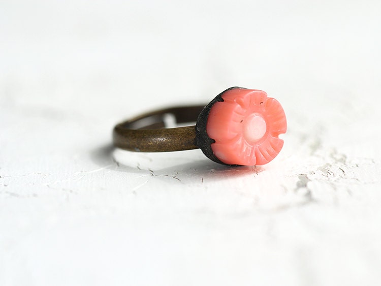 Coral Ring - Carved Flower Ring / Delicate Gemstone Ring / Adjustable Ring / Simple, Pretty, Hippie, Nature Inspired Jewelry