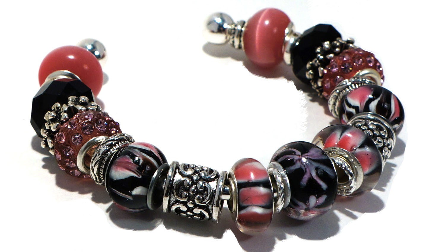 Pink Black Bracelet Cuff with Large Hole Beads