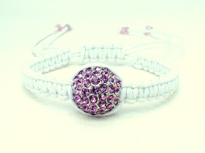 Minimalist Crystal Pave Beaded Macrame Bracelet in White & Pink - Adjustable