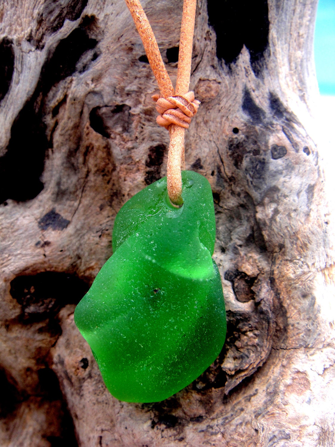 Hawaiian Very Unique & RARE Emerald Green Bonfire Beach Glass, naturally folded, on India Leather, completely adjustable, Necklace